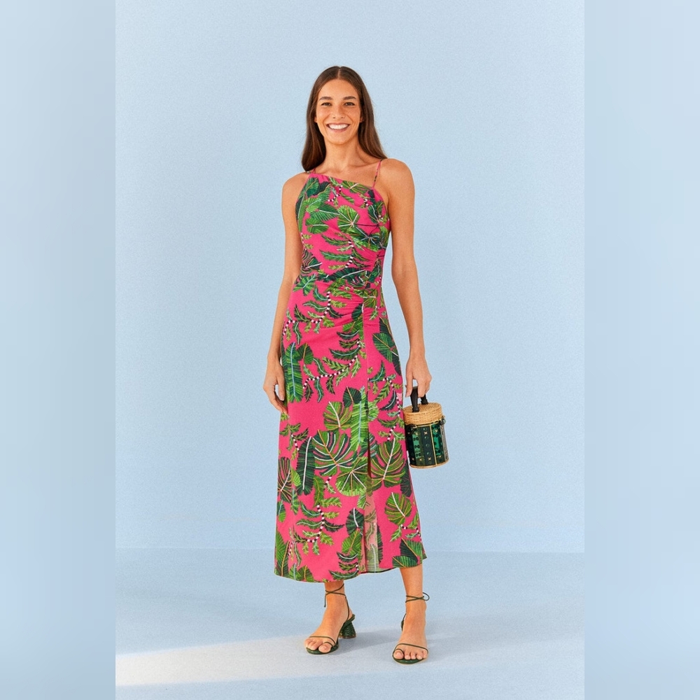 Tropical Pink Leaf Midi Dress - Women's Summer Dress